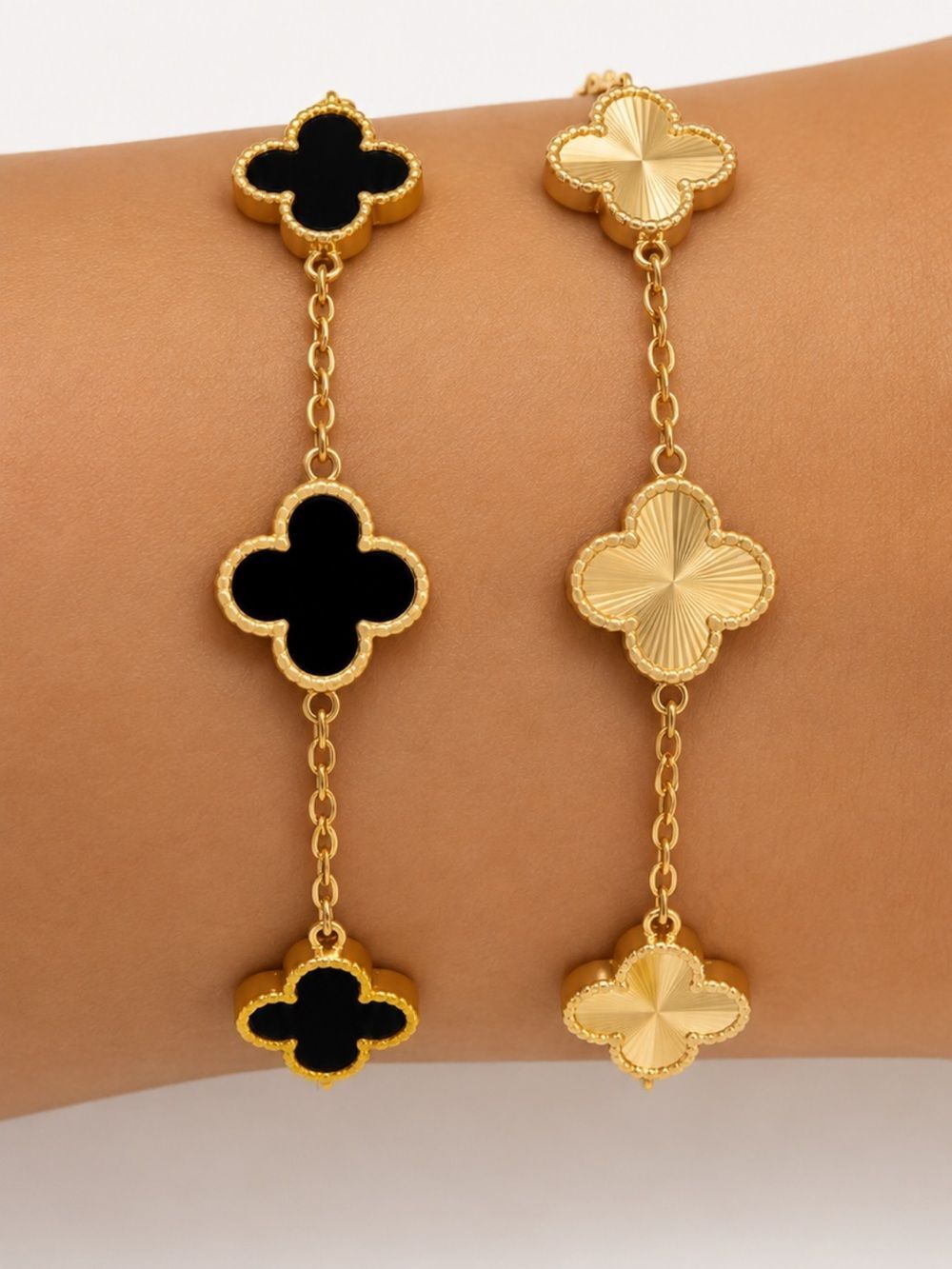 18K Gold Four Leaf Clover Bracelet Set 2pc Alhambra Van CLF Style Dainty Charm